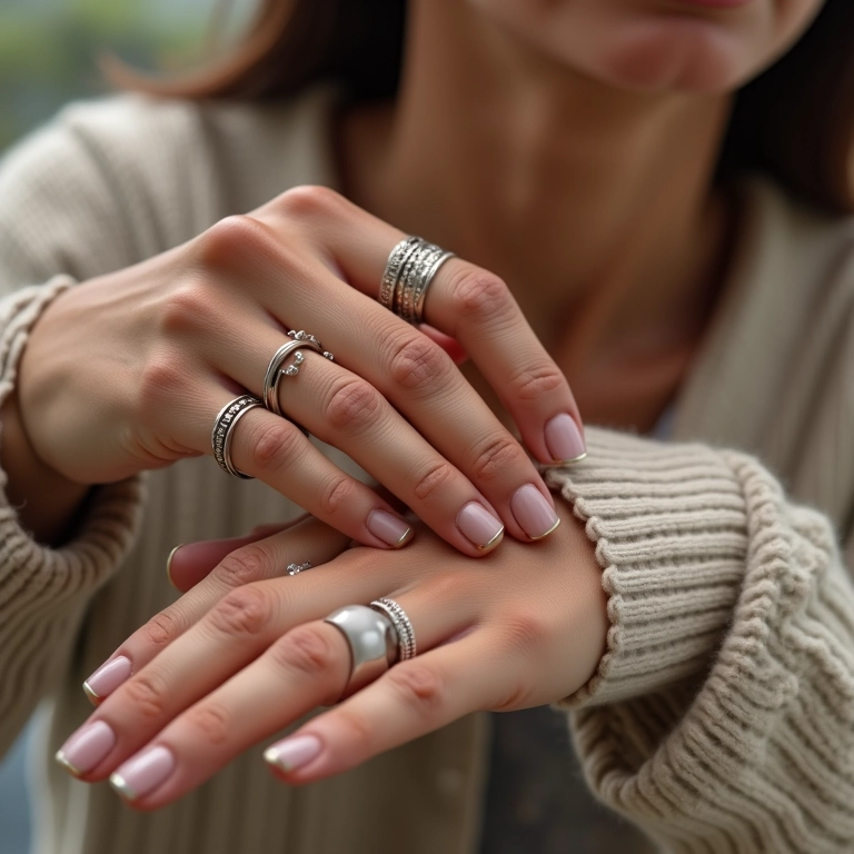 Diferentes estilos de mãos com anéis: boêmio, minimalista, clássico.
