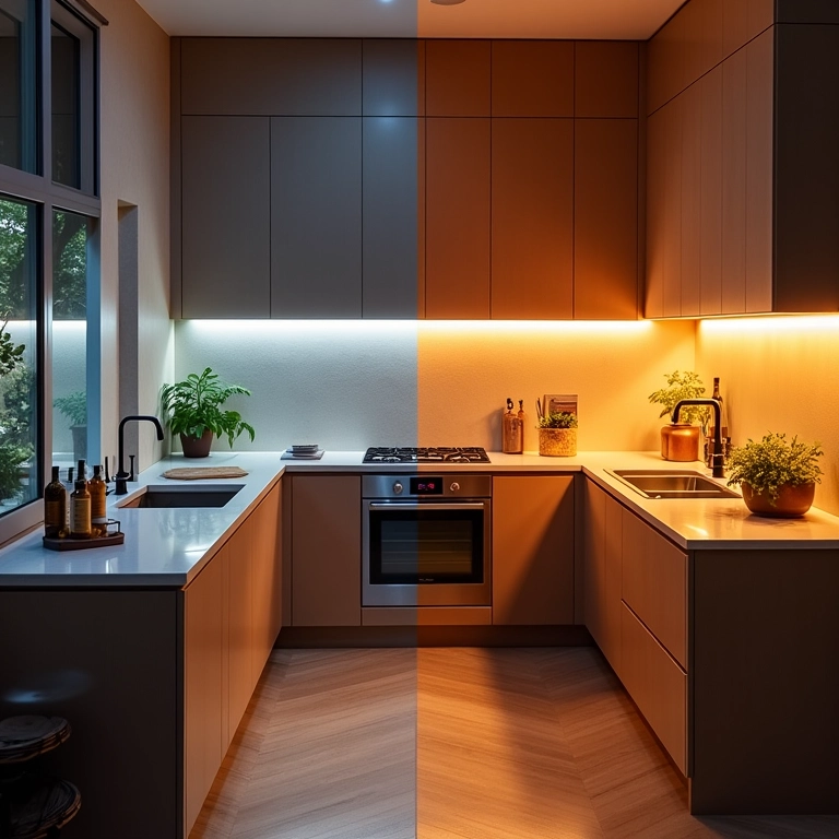 Diferentes temperaturas de cor na iluminação da cozinha.