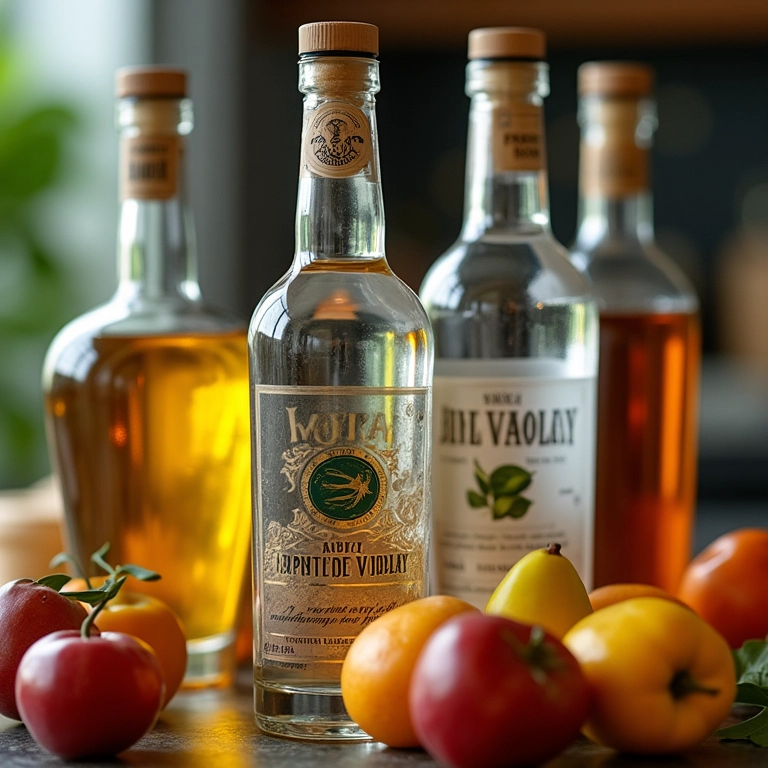 Diferentes tipos de álcool (vodka, cachaça) com frutas e ingredientes para licor caseiro.