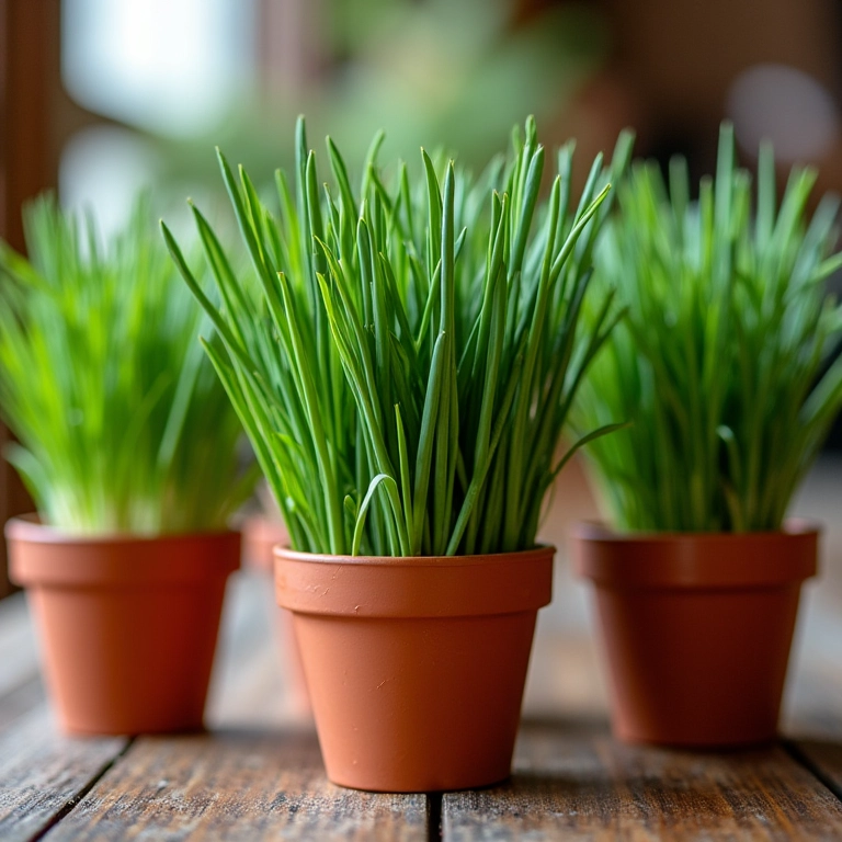 Diferentes tipos de cebolinha plantadas em vasos de barro.