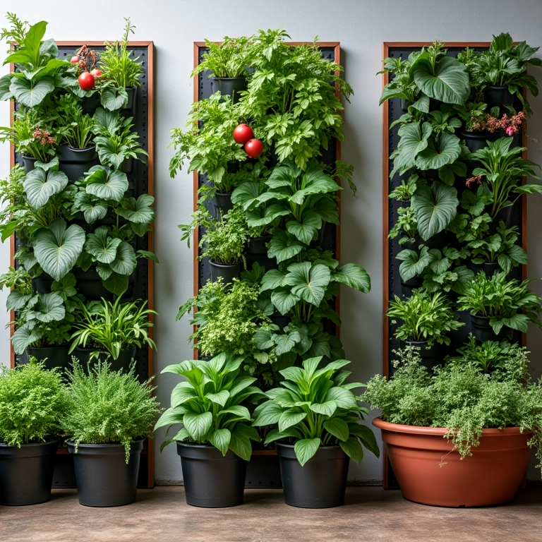 Diferentes tipos de hortas caseiras (vertical, suspensa, vaso) mostrando a variedade de escolhas.