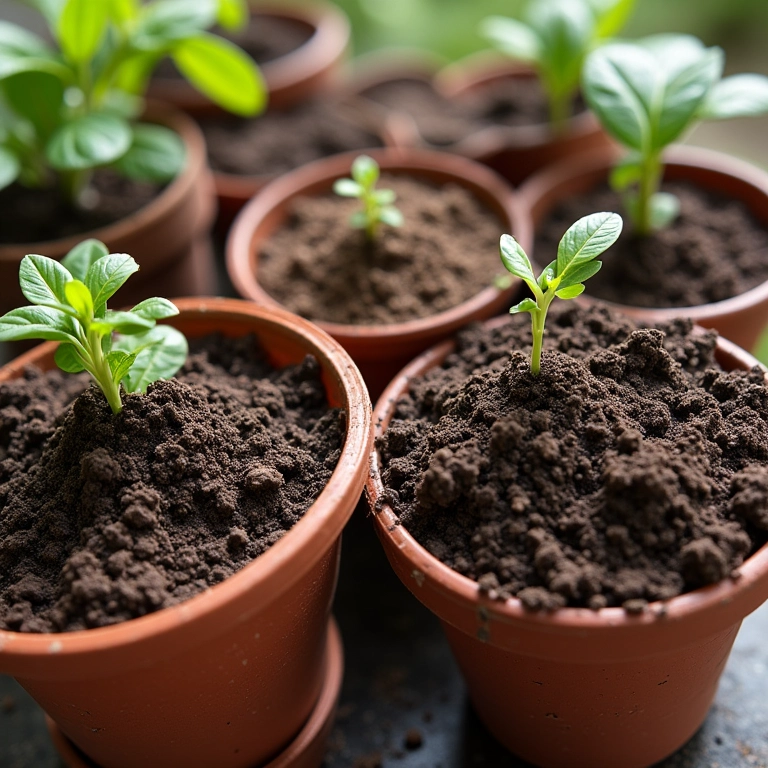 Diferentes tipos de terra em vasos, comparação de texturas.