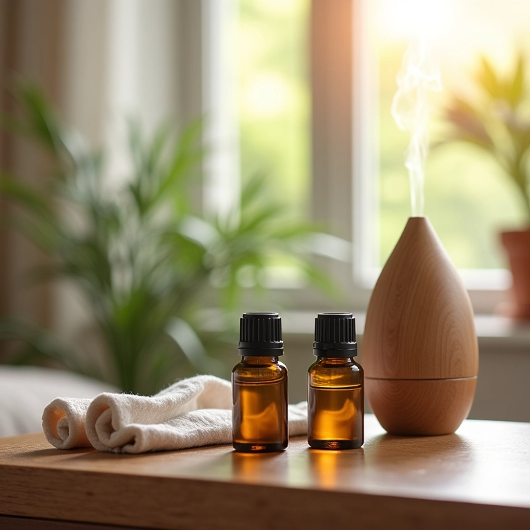 Difusor de aromaterapia com óleos essenciais em uma mesa de madeira.