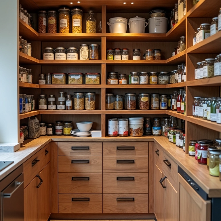 Dispensa otimizada com prateleiras e gavetas, estilo Farm Rio.