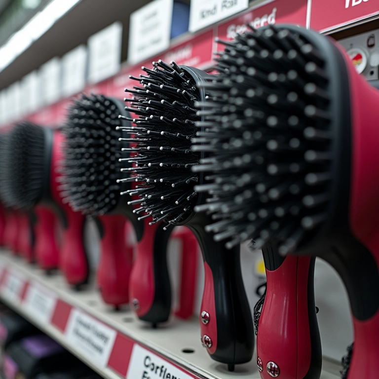 Diversas escovas secadoras expostas em uma loja, com etiquetas de preços.