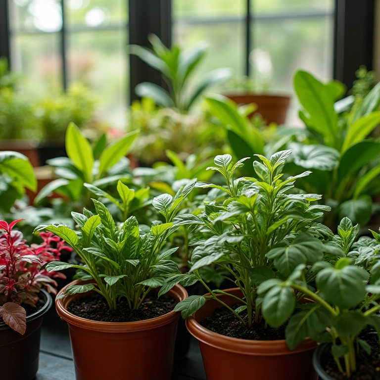 Diversas plantas em vasos autoirrigáveis.