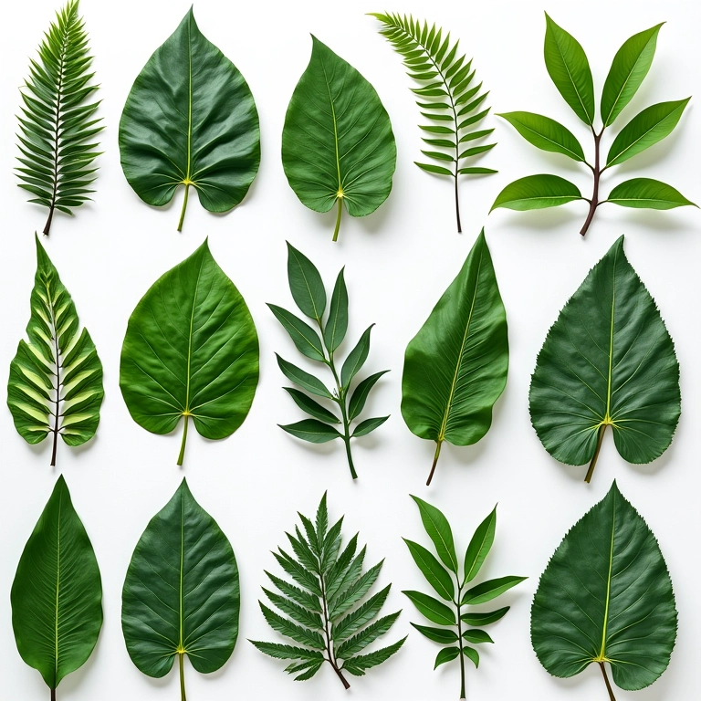 Diversidade de folhagens para arranjos florais, com diferentes texturas e cores.