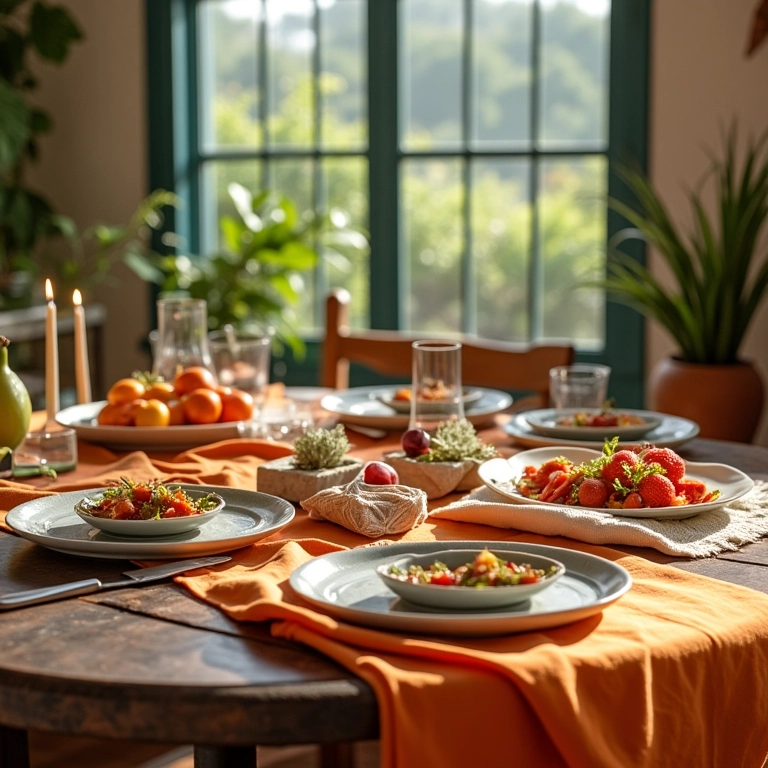 Diversidade de toalhas de mesa em linho e estampas coloridas em casa brasileira iluminada.