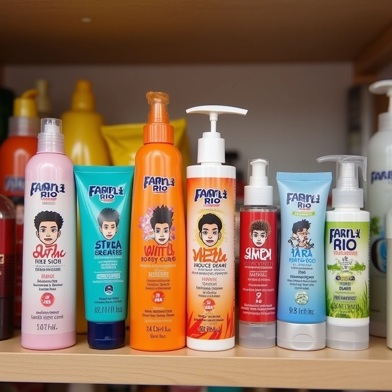 Diversos cremes de pentear para cabelos cacheados 3C expostos em uma prateleira.