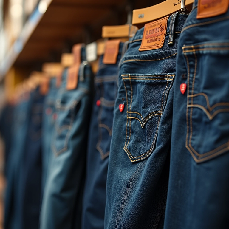Diversos modelos de calças jeans da Levi's expostos em prateleira de loja.