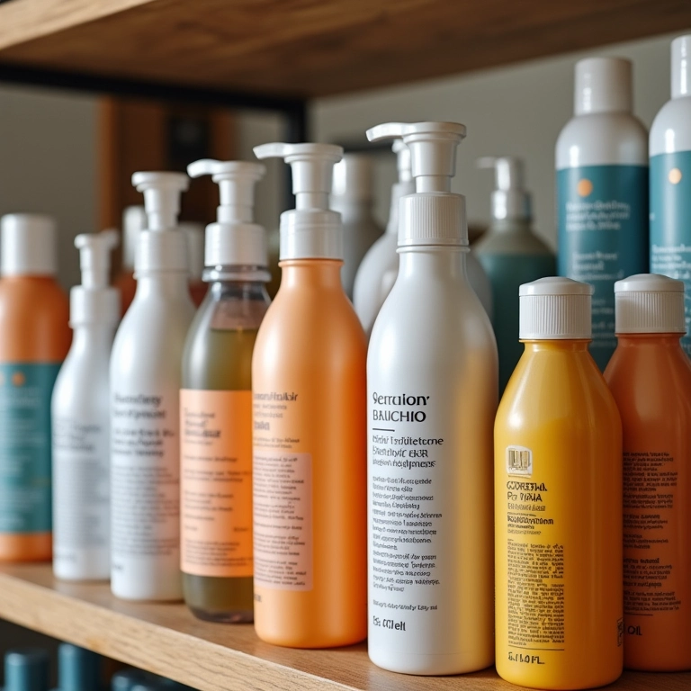 Diversos produtos acidificantes capilares em prateleira de salão.