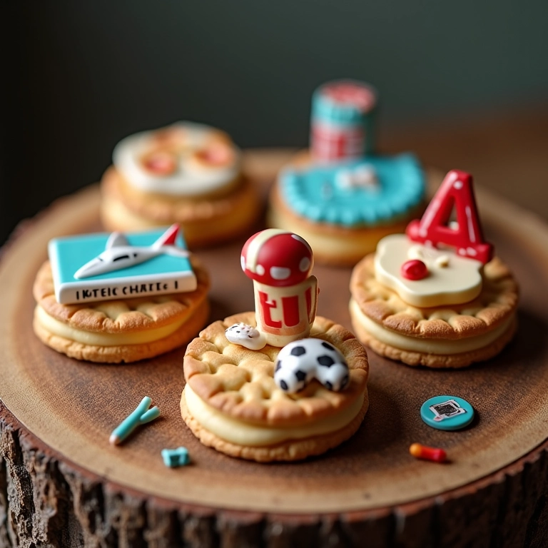 Diversos topos de bolo temáticos em biscuit expostos em mesa de madeira.