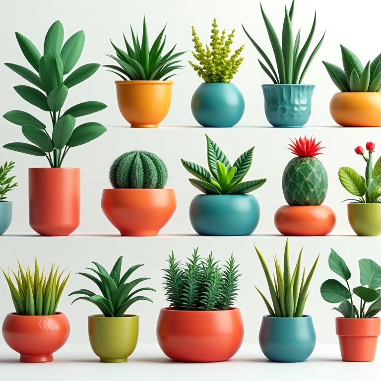 Diversos vasos criativos com plantas variadas em um ambiente iluminado.