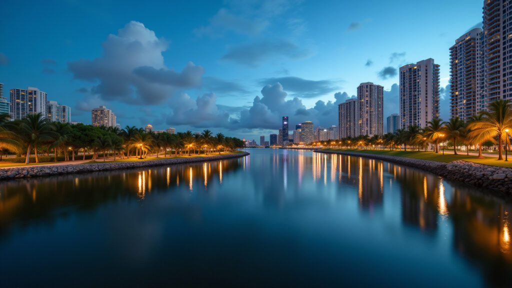 Downtown Miami, Bayfront Park view, city skyline, Biscayne Bay, evening lights, professional Downtown Miami: Vista panorâmica do Bayfront Park.