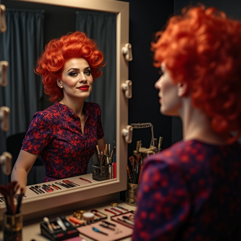 Drag king escolhendo personagem em frente ao espelho