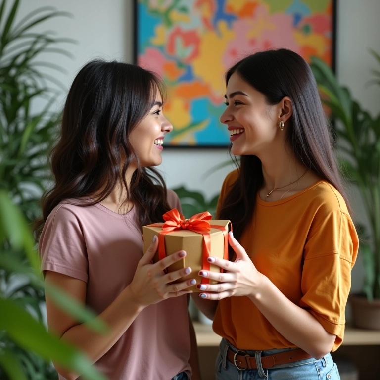 Duas amigas trocando presentes em um apartamento vibrante.