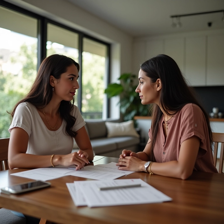 Duas mães conversando sobre acordo de guarda compartilhada em casa.