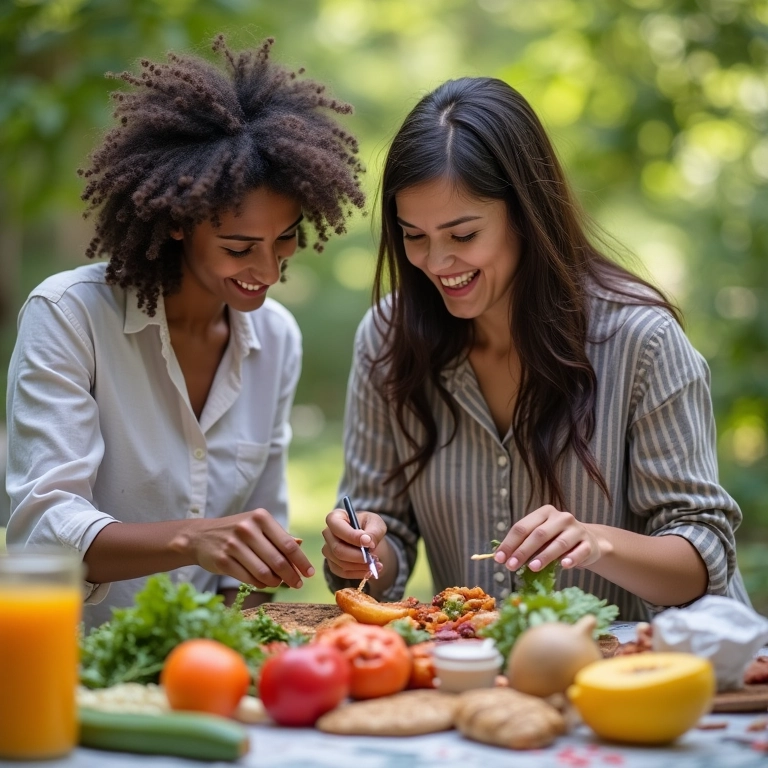 Duas mulheres adultas preparando um piquenique com ingredientes locais.