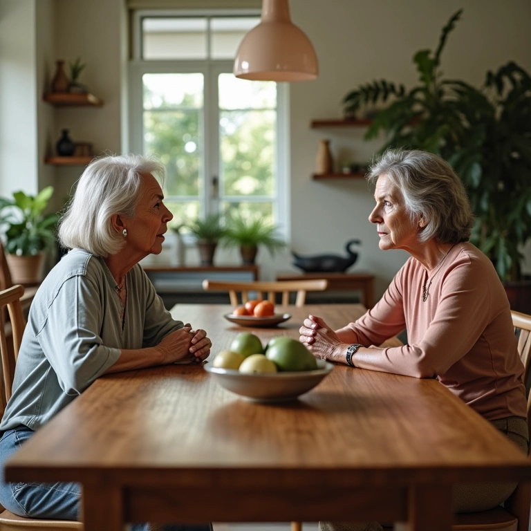 Duas mulheres conversando sobre limites familiares.