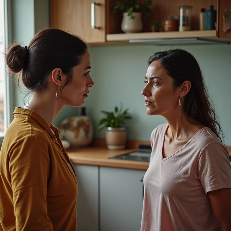 Duas mulheres discutindo em uma cozinha com decoração brasileira.