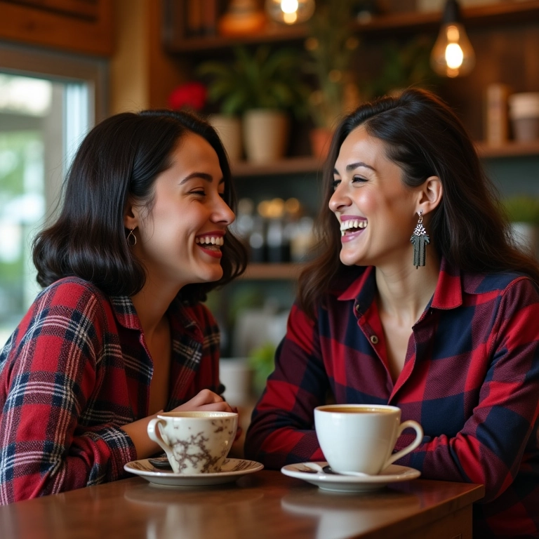 Duas mulheres diversas em café aconchegante usando looks xadrez.