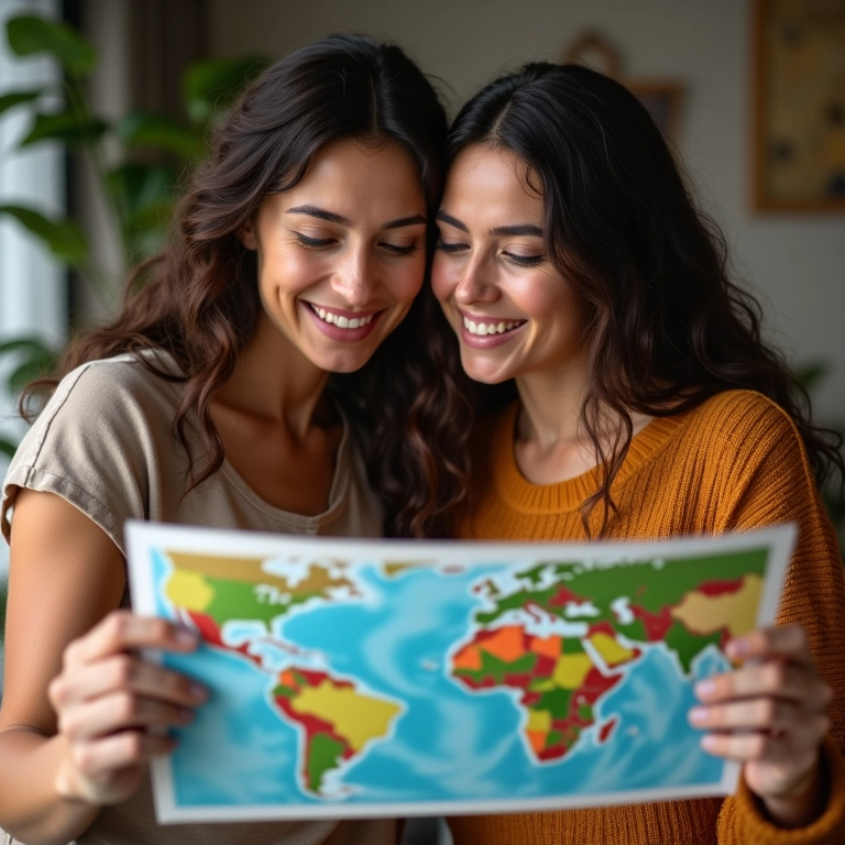 Duas mulheres planejando viagem em família com mapa e guias de viagem em um ambiente aconchegante.