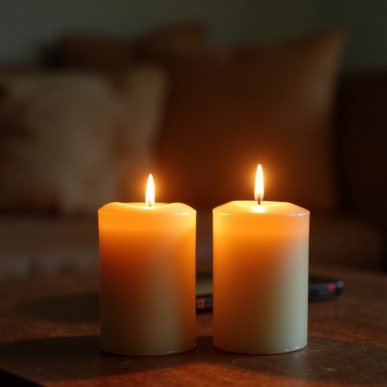Duas velas acesas juntas em mesa de centro.