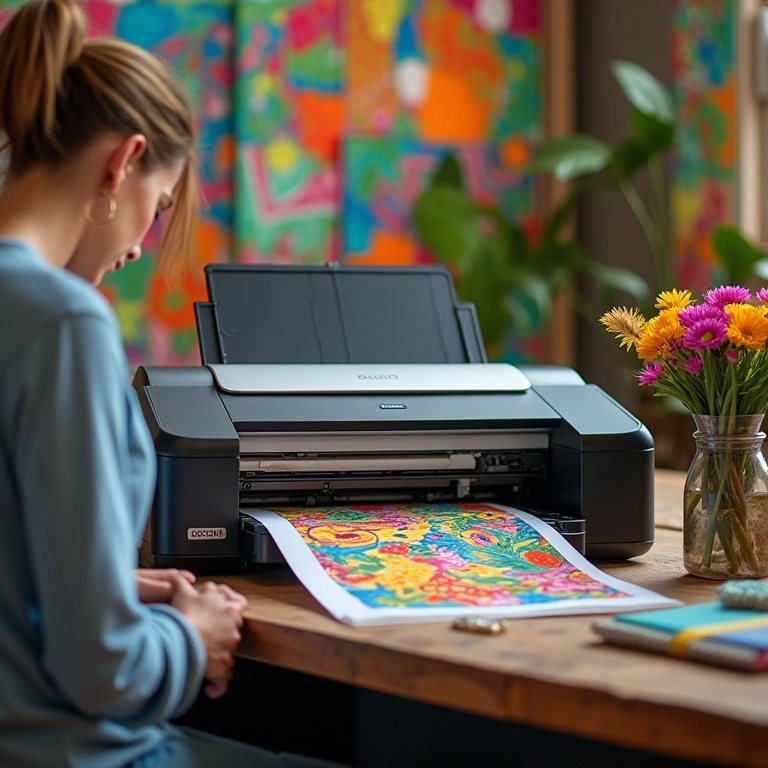EcoTank printer in a colorful atelier, artisan refilling ink tanks, vibrant Brazilian decor, Impressora tanque de tinta sendo recarregada em ateliê de artesanato.
