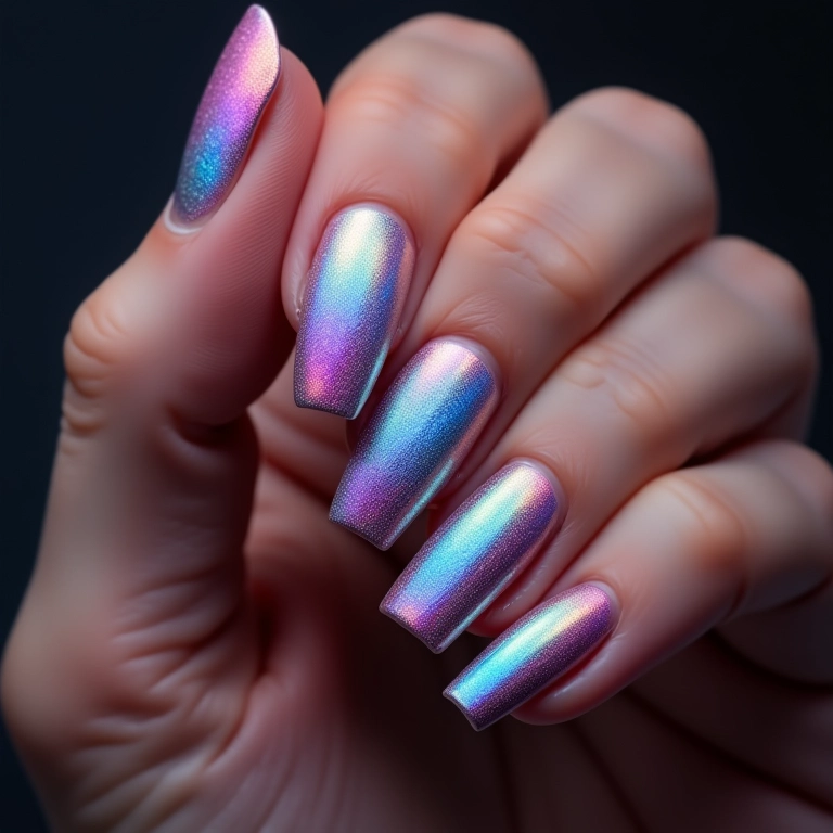 Efeitos metalizados e holográficos em unhas modernas.