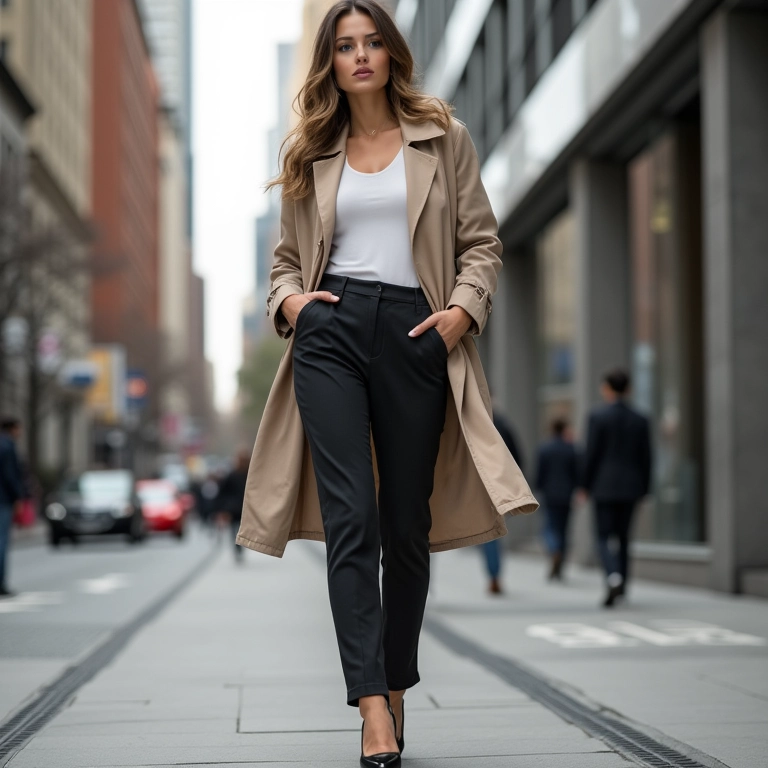 Elegância urbana: calça de alfaiataria, scarpin e trench coat.