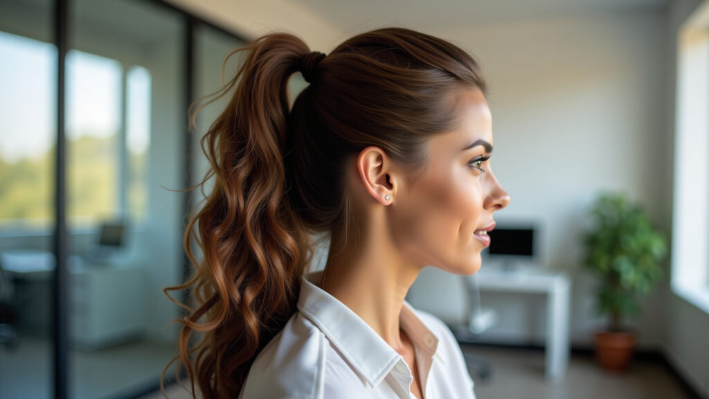 Elegant ponytail with volume, Brazilian woman, office setting, professional photography, 8K Rabo de cavalo alto com volume, visual elegante.