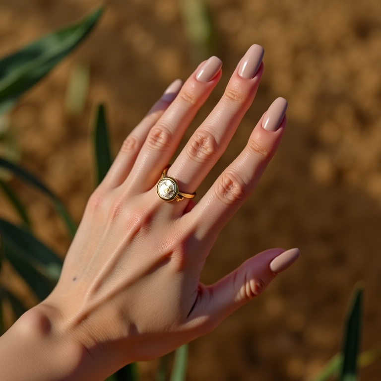 Elegante unha nude em mão feminina com decoração vibrante.