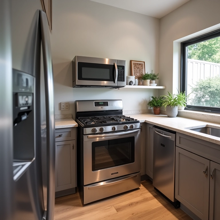 Eletrodomésticos compactos otimizando o espaço da cozinha americana.