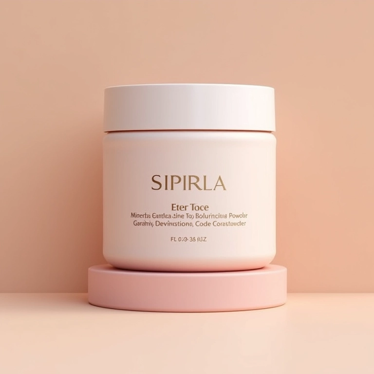 Embalagem de pó compacto mineral com destaque para os ingredientes naturais.
