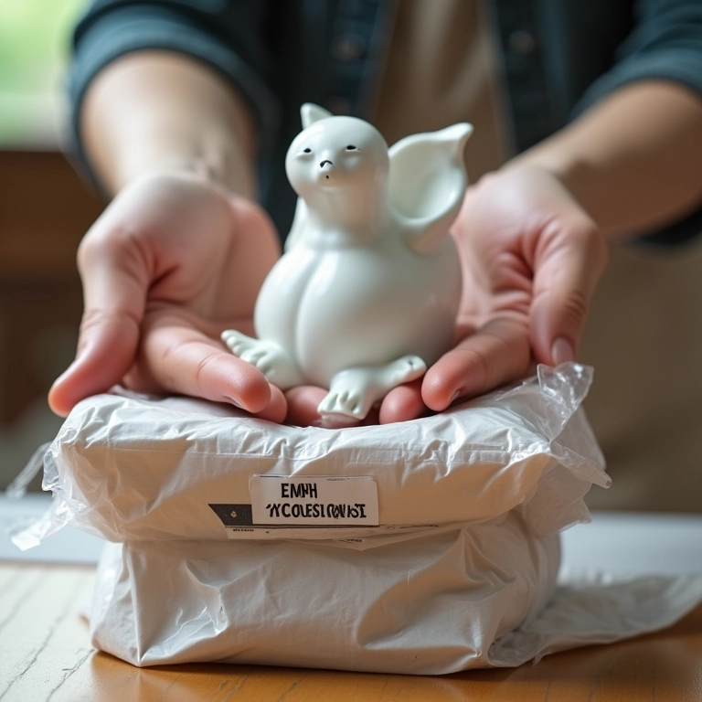 Embalando figuras de cerâmica frágeis com plástico bolha e etiqueta de 'frágil'.