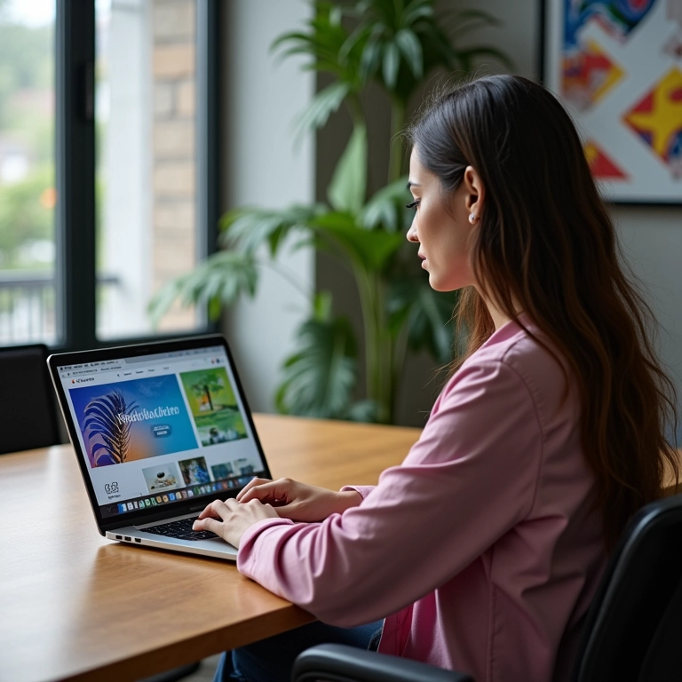 Empreendedora brasileira gerenciando mídias sociais em seu laptop.