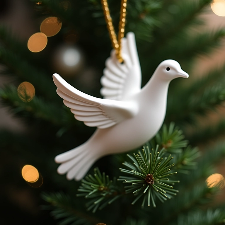 Enfeite de pomba branca na árvore de Natal, símbolo da paz.