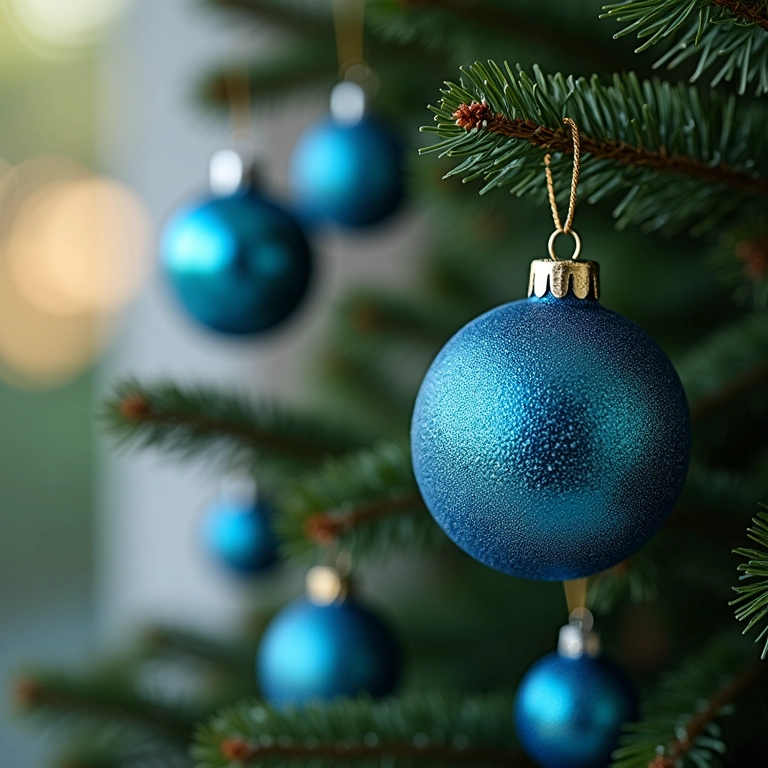 Enfeites azuis na árvore de Natal, simbolizando tranquilidade e harmonia.