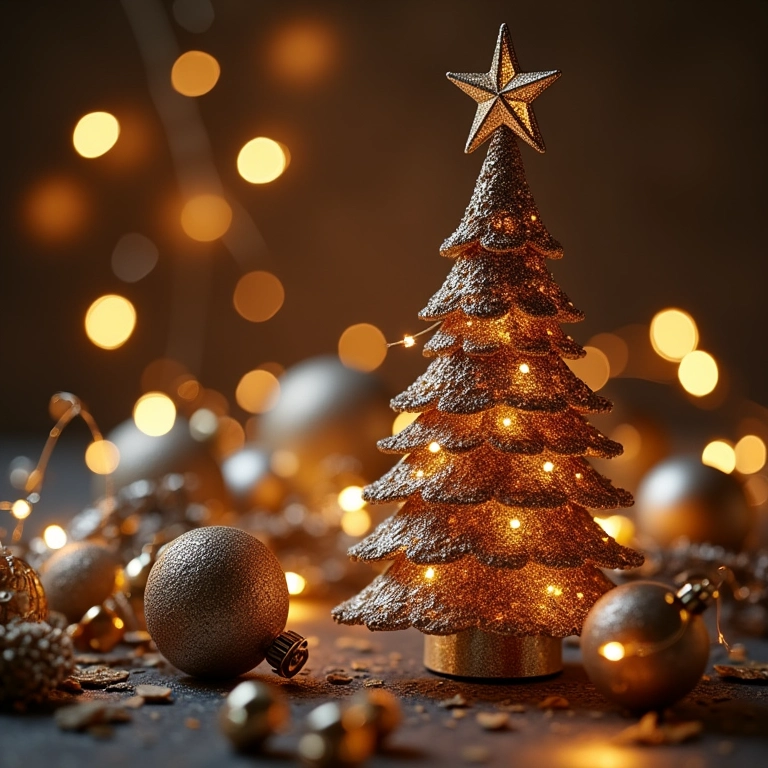 Enfeites de árvore de Natal com detalhes metalizados em dourado, prata e bronze.