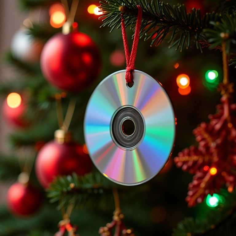 Enfeites de árvore de Natal feitos de mandalas de CD.
