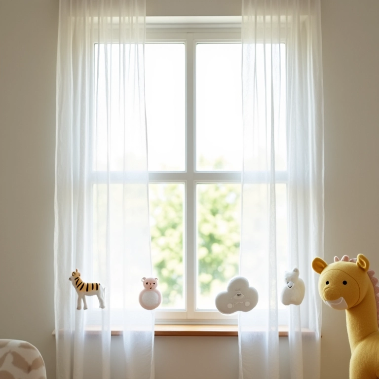 Enfeites de cortina de feltro em formato de animais e nuvens para quarto de bebê.