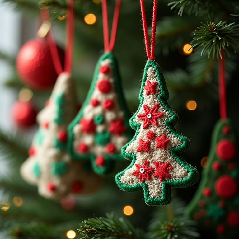 Enfeites de feltro para árvore de Natal com padrões brasileiros.