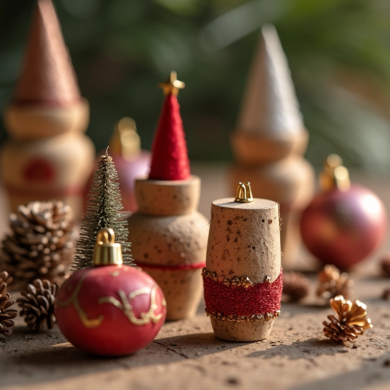 Enfeites de Natal artesanais feitos com rolhas de cortiça em uma mesa festiva.