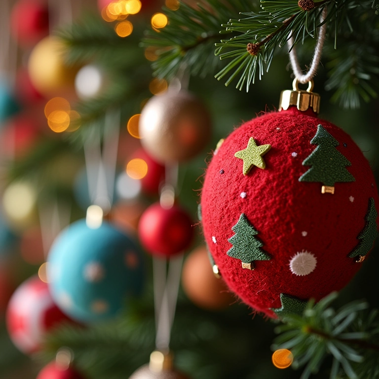 Enfeites de Natal exclusivos feitos de feltro com design colorido.