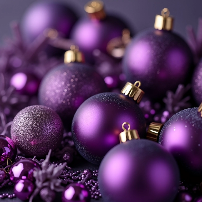Enfeites roxos de Natal, simbolizando espiritualidade e intuição.