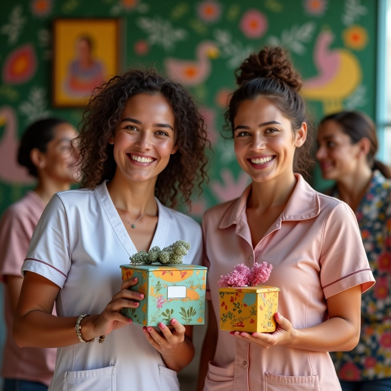 Enfermeiras sorrindo e segurando presentes artesanais em cenário brasileiro vibrante.