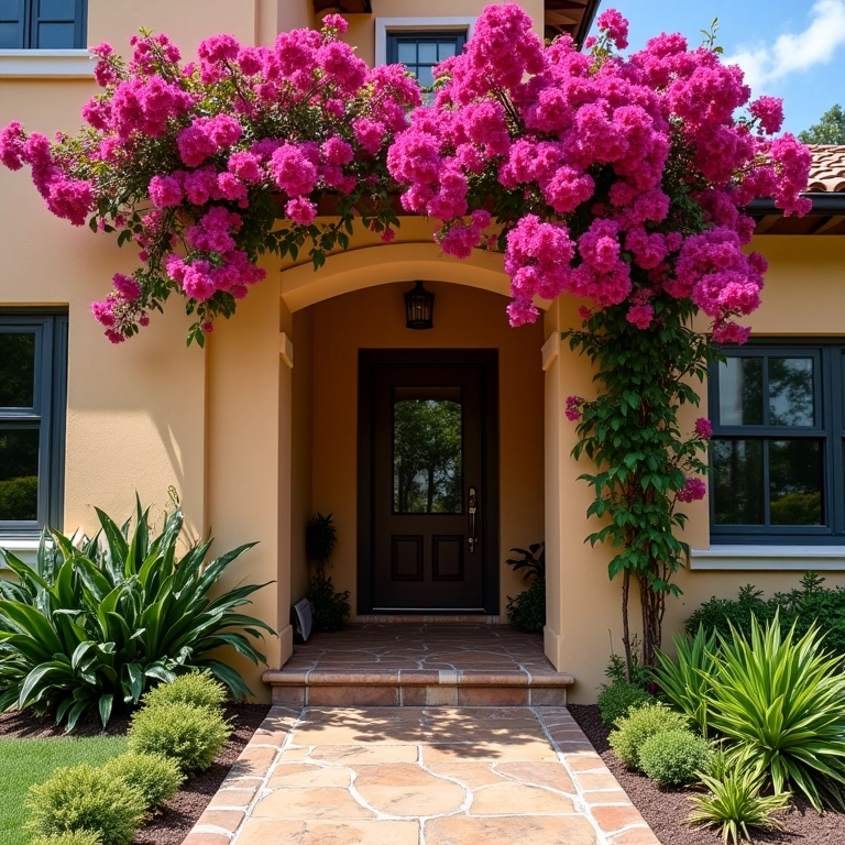 Entrada de casa brasileira com um pórtico charmoso e buganvílias vibrantes.