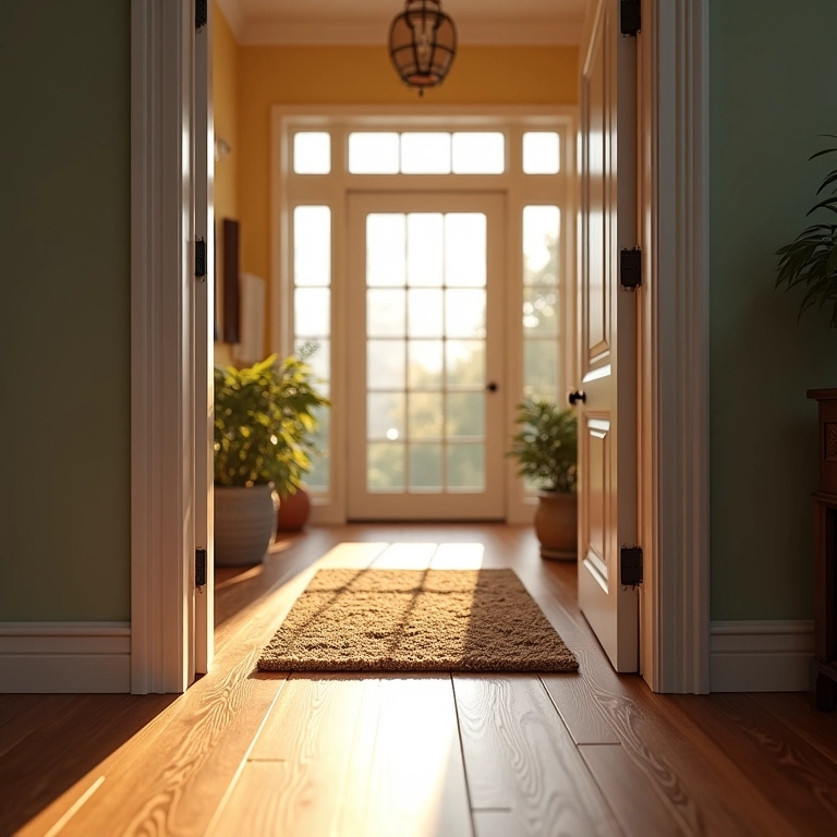 Entrada de casa com capacho e tapete sobre o piso laminado.