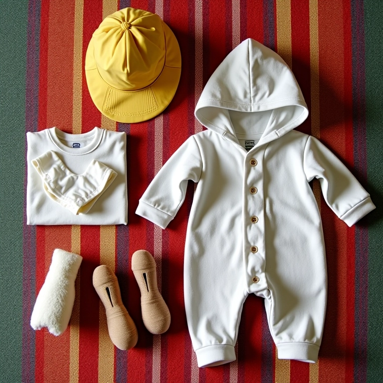 Enxoval de bebê completo com itens essenciais sobre tecido colorido.