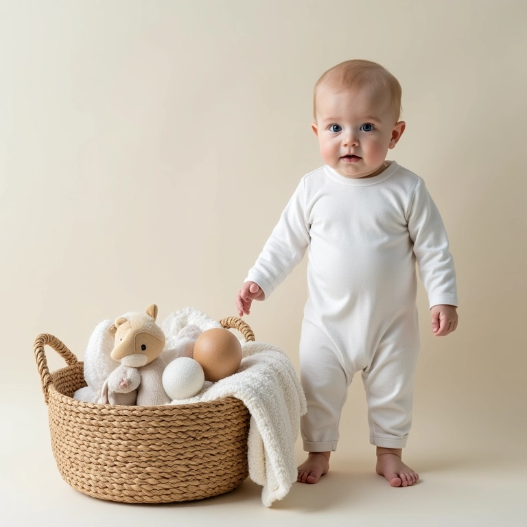 Enxoval neutro para bebê com itens de algodão orgânico.